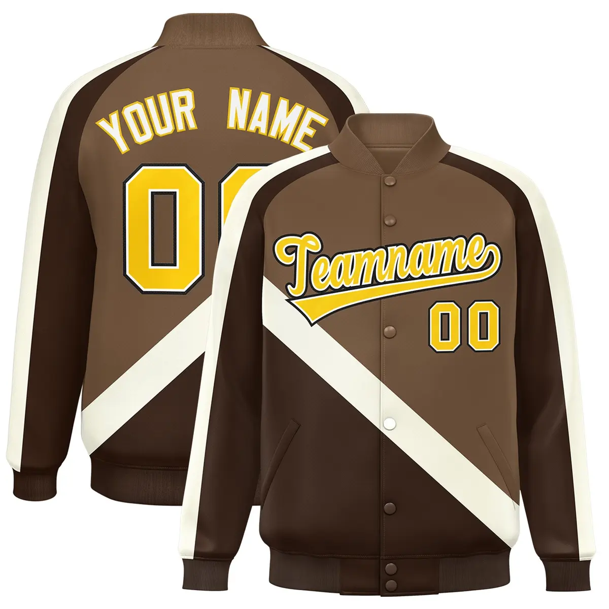 Light Brown Brown Raglan Varsity Full-Snap Letterman Baseball Jacket