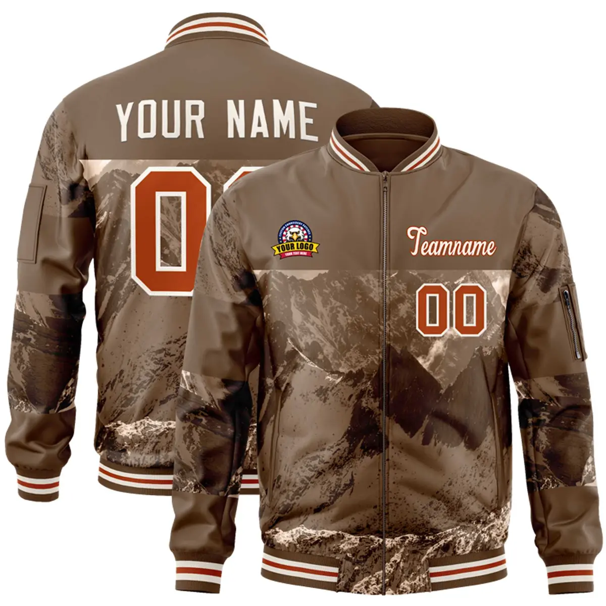 Light Brown Cream Snow Mountain Varsity Letterman Bomber Jacket