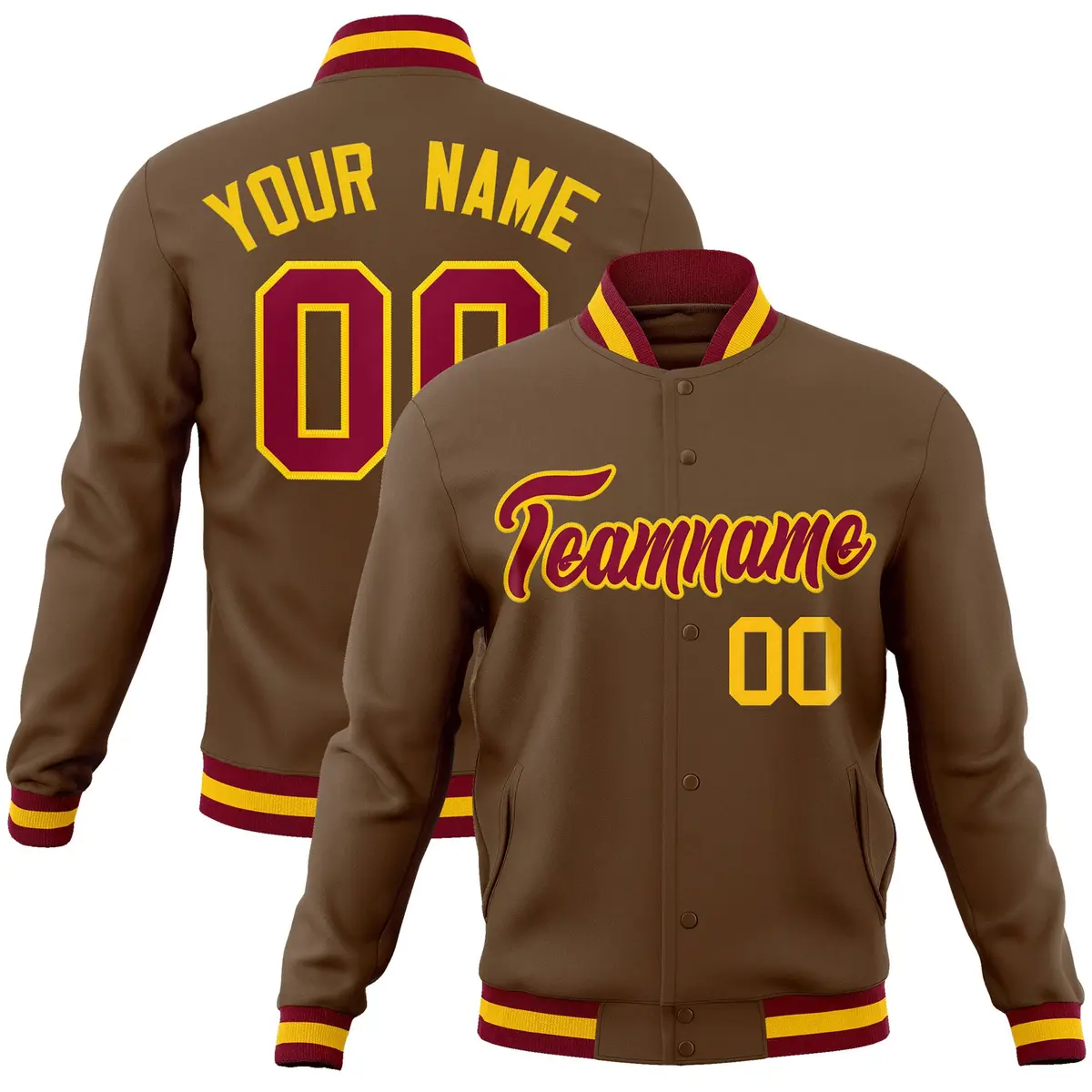 Light Brown Crimson-Gold Varsity Full-Snap Letterman Jacket
