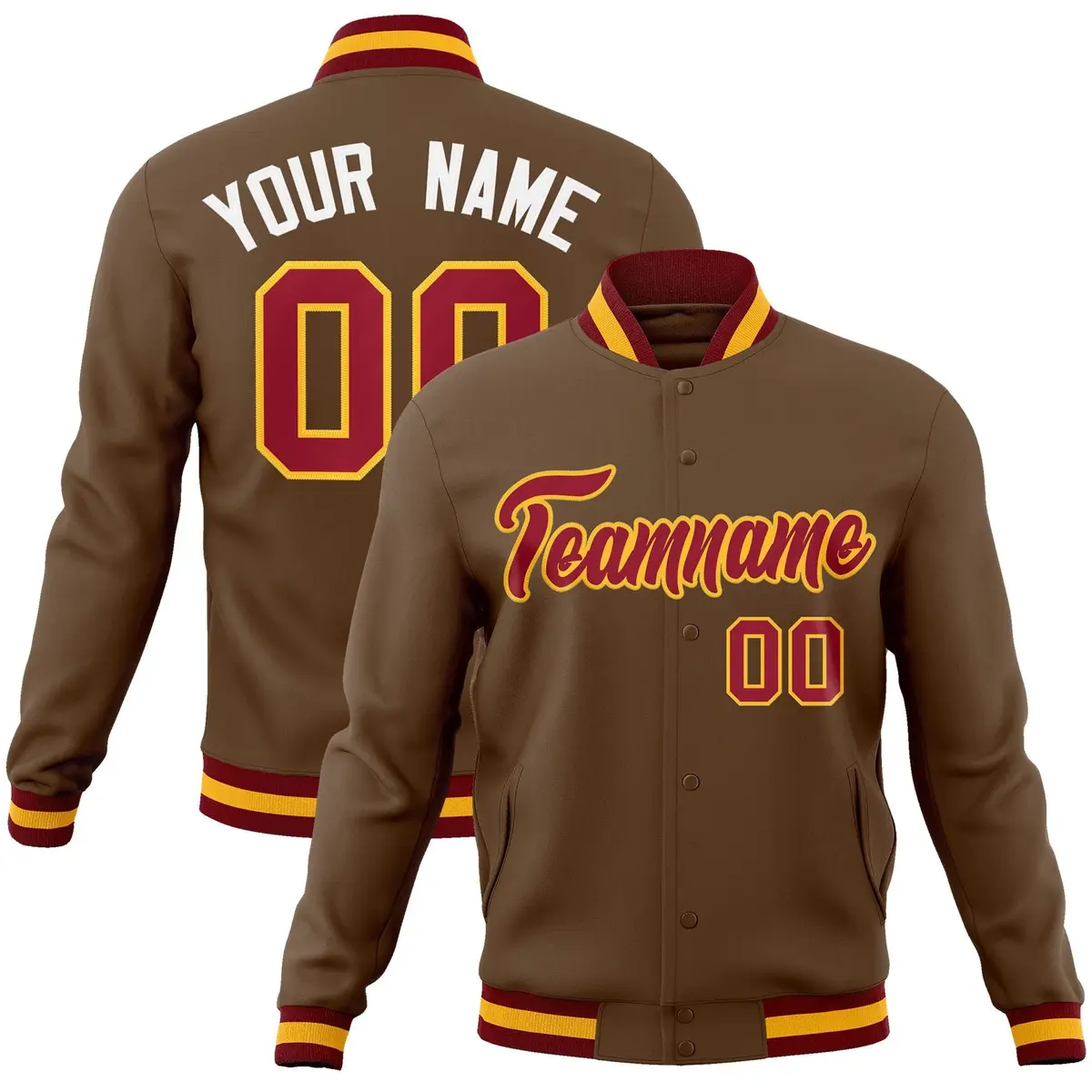 Light Brown Crimson-Yellow Varsity Full-Snap Letterman Jacket