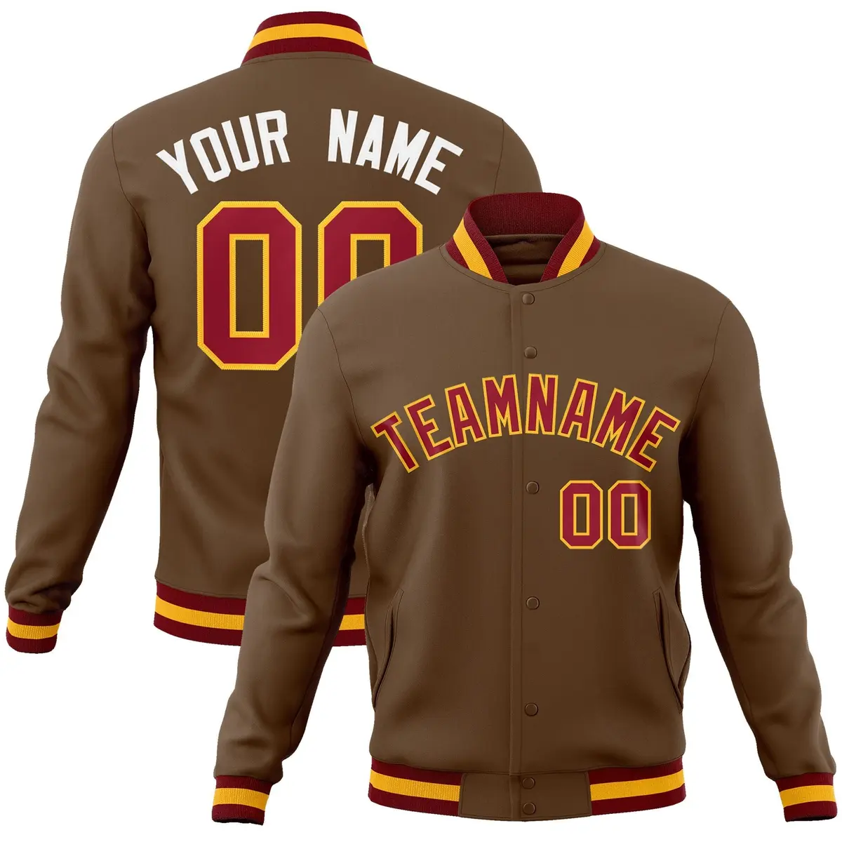 Light Brown Crimson-Yellow Varsity Full-Snap Letterman Jacket