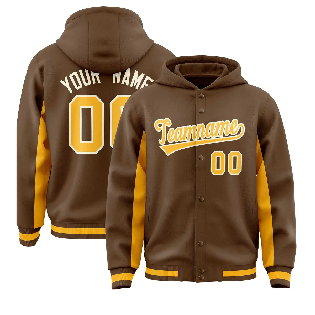Light Brown Gold Color Block Varsity Letterman Hoodie Jacket
