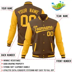Light Brown Gold Full-Snap Raglan Letterman Baseball Jacket 4
