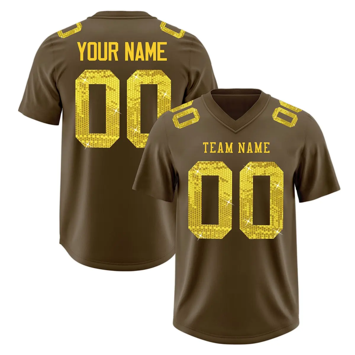 Light Brown Gold Sequin Lettering Football Jersey