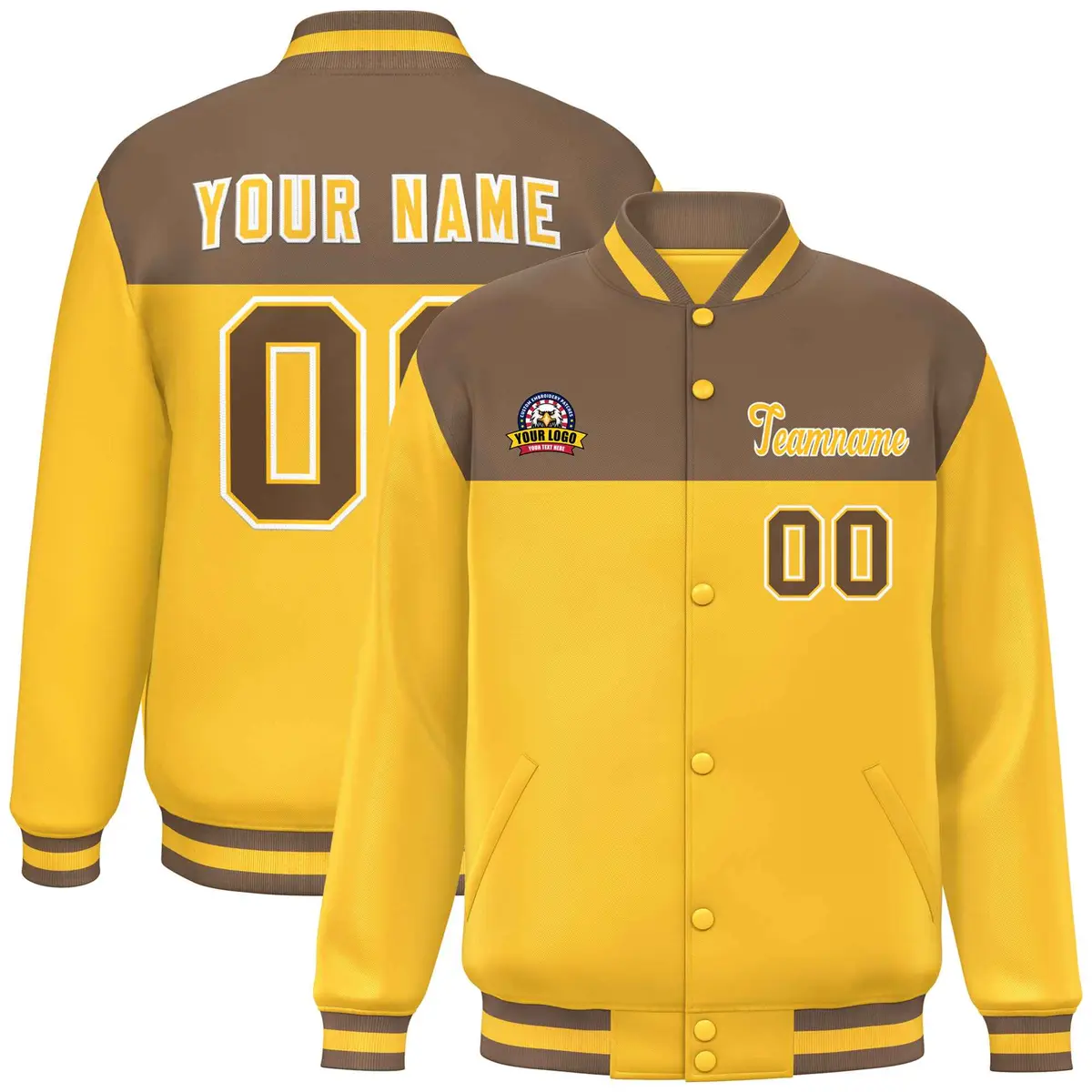 Light Brown Gold-White Color Block Varsity Letterman Baseball Jacket