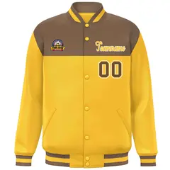Light Brown Gold-White Color Block Varsity Letterman Baseball Jacket 3