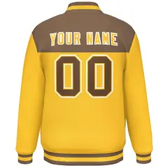 Light Brown Gold-White Color Block Varsity Letterman Baseball Jacket 4