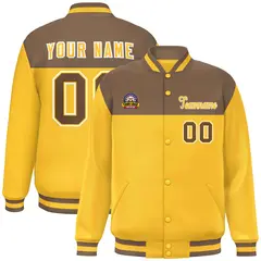Light Brown Gold-White Color Block Varsity Letterman Baseball Jacket