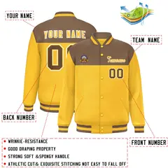 Light Brown Gold-White Color Block Varsity Letterman Baseball Jacket 2