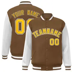 Light Brown Gold-White Raglan Varsity Full-Snap Letterman Jacket