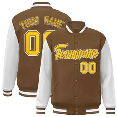 Light Brown Gold-White Raglan Varsity Full-Snap Letterman Jacket
