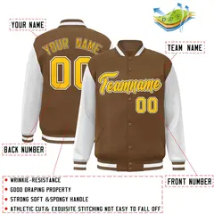 Light Brown Gold-White Raglan Varsity Full-Snap Letterman Jacket 2