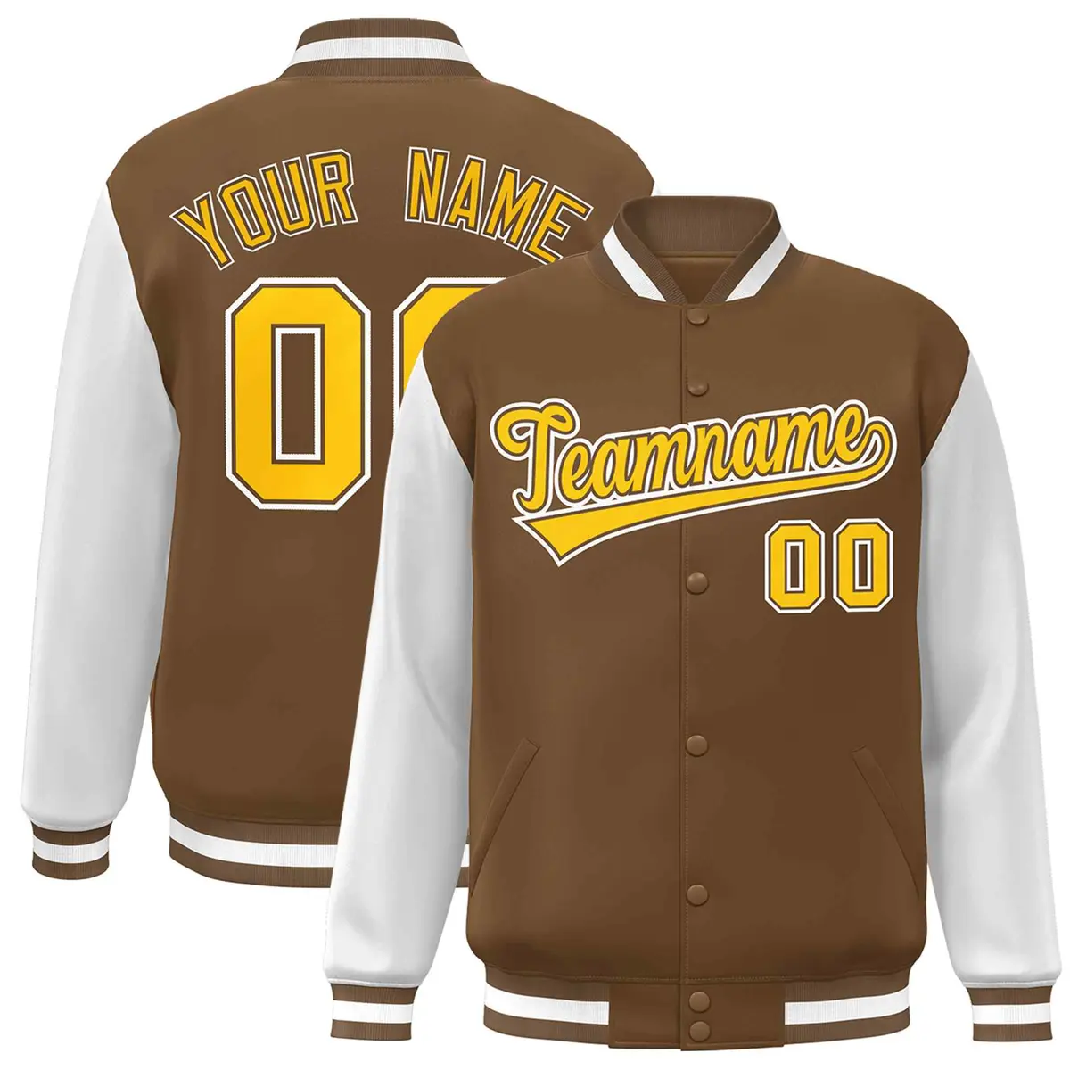 Light Brown Gold-White Raglan Varsity Full-Snap Letterman Jacket
