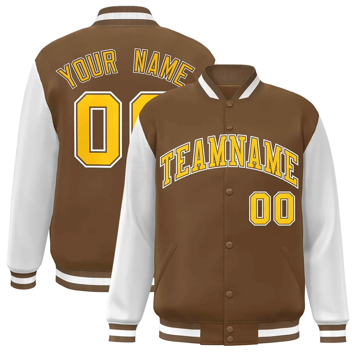 Light Brown Gold-White Raglan Varsity Full-Snap Letterman Jacket