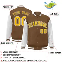 Light Brown Gold-White Raglan Varsity Full-Snap Letterman Jacket 2