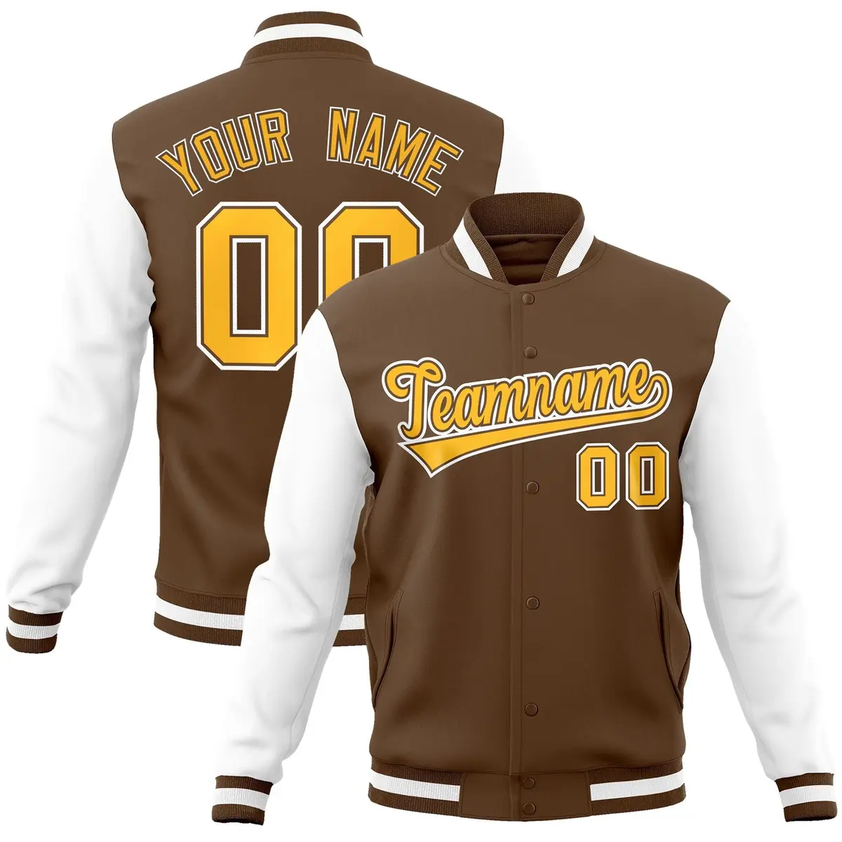 Light Brown Gold-White Raglan Varsity Full-Snap Letterman Jacket