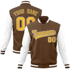 Light Brown Gold-White Raglan Varsity Full-Snap Letterman Jacket