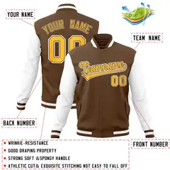 Light Brown Gold-White Raglan Varsity Full-Snap Letterman Jacket 4