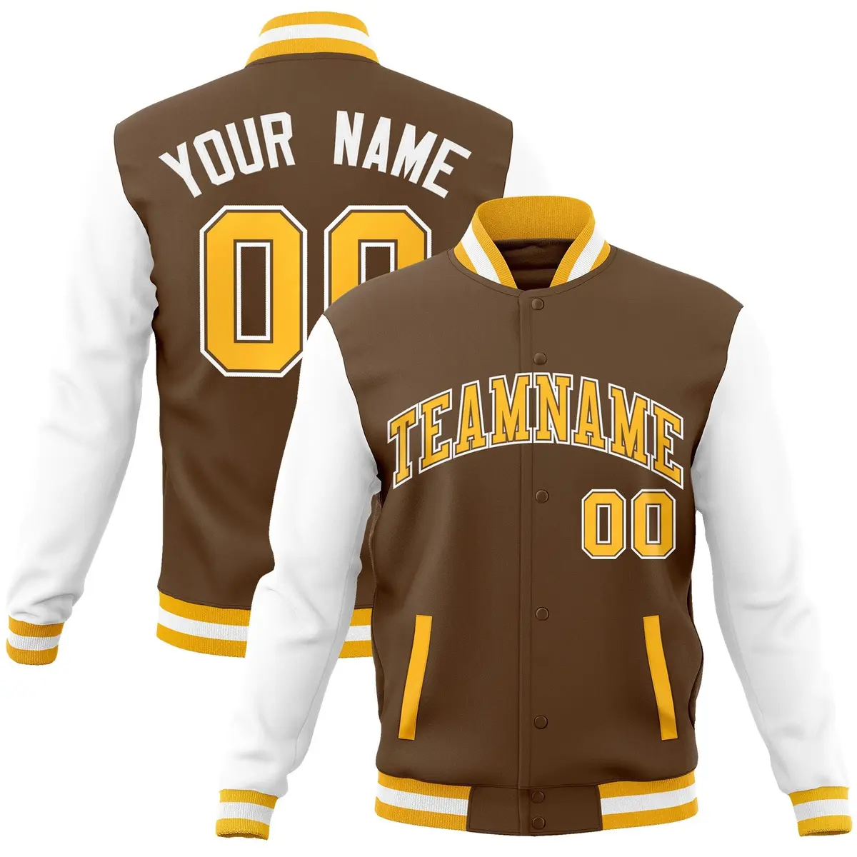 Light Brown Gold-White Raglan Varsity Full-Snap Letterman Jacket