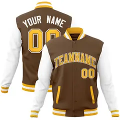Light Brown Gold-White Raglan Varsity Full-Snap Letterman Jacket