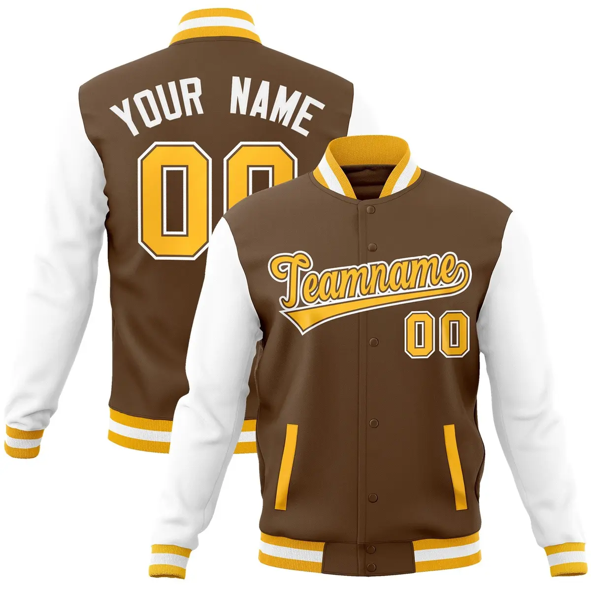 Light Brown Gold-White Raglan Varsity Full-Snap Letterman Jacket