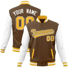 Light Brown Gold-White Raglan Varsity Full-Snap Letterman Jacket 1