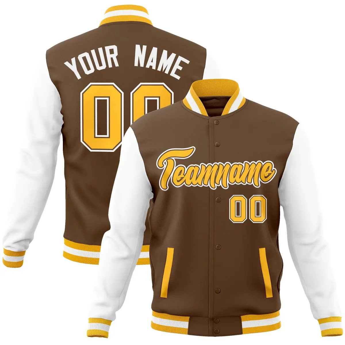 Light Brown Gold-White Raglan Varsity Full-Snap Letterman Jacket