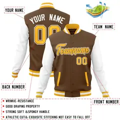Light Brown Gold-White Raglan Varsity Full-Snap Letterman Jacket 4