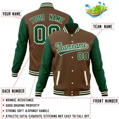 Light Brown Green Raglan Full-Snap Varsity Letterman Baseball Jacket 4