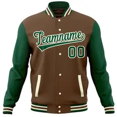 Light Brown Green Raglan Full-Snap Varsity Letterman Baseball Jacket 5