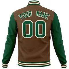 Light Brown Green Raglan Full-Snap Varsity Letterman Baseball Jacket 6
