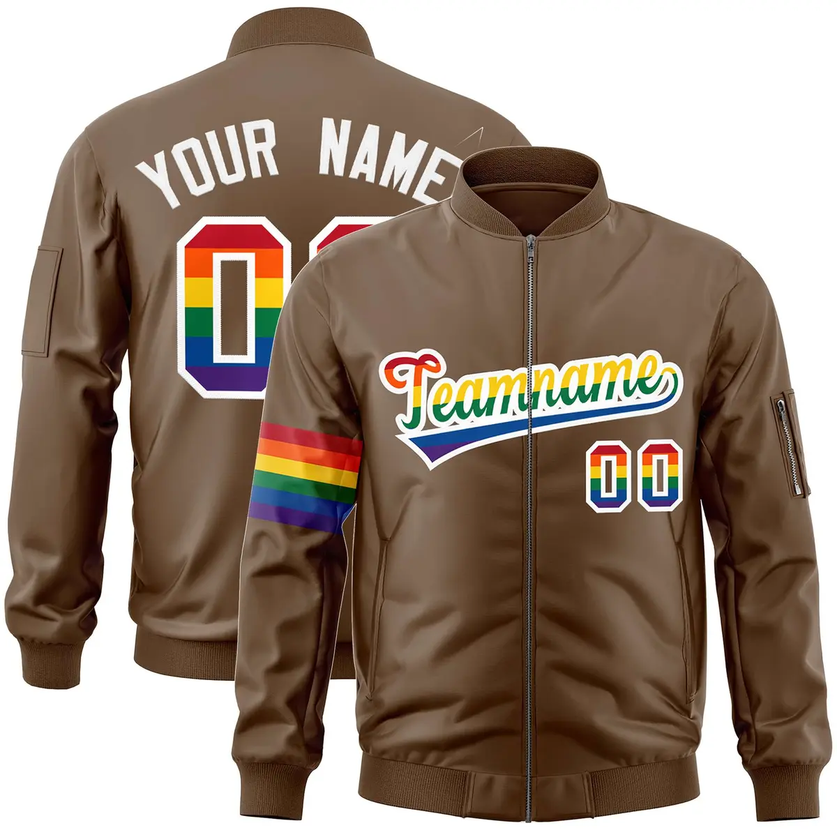 Light Brown LGBT Rainbow Pride Month Letterman Bomber Jacket
