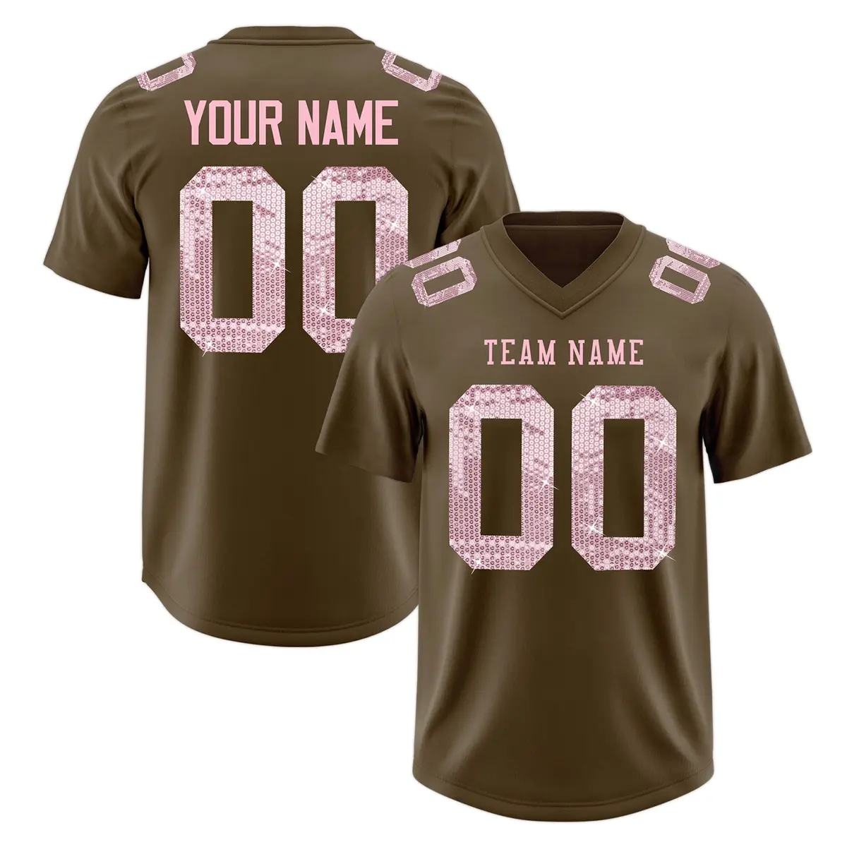 Light Brown Light Pink Sequin Lettering Football Jersey
