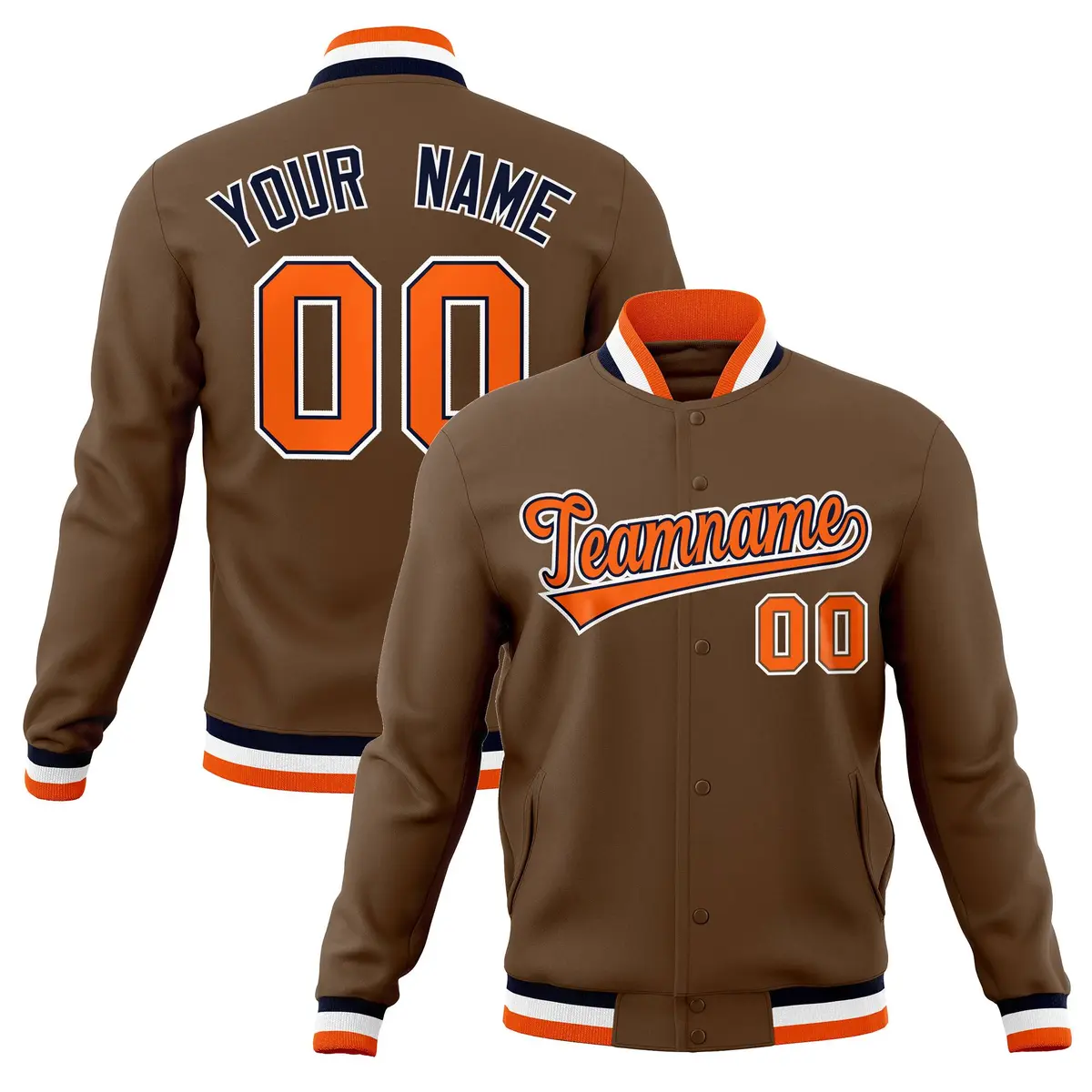 Light Brown Orange-Navy Varsity Full-Snap Letterman Jacket