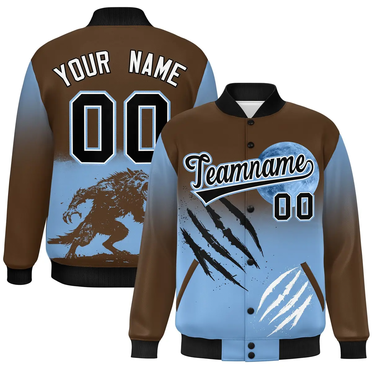Light Brown Powder Blue Black Halloween Skeleton Graffiti Varsity Jacket