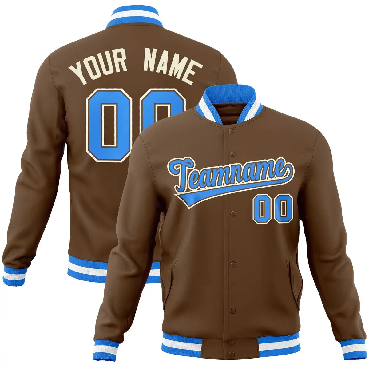 Light Brown Powder Blue-Khaki Varsity Full-Snap Letterman Jacket
