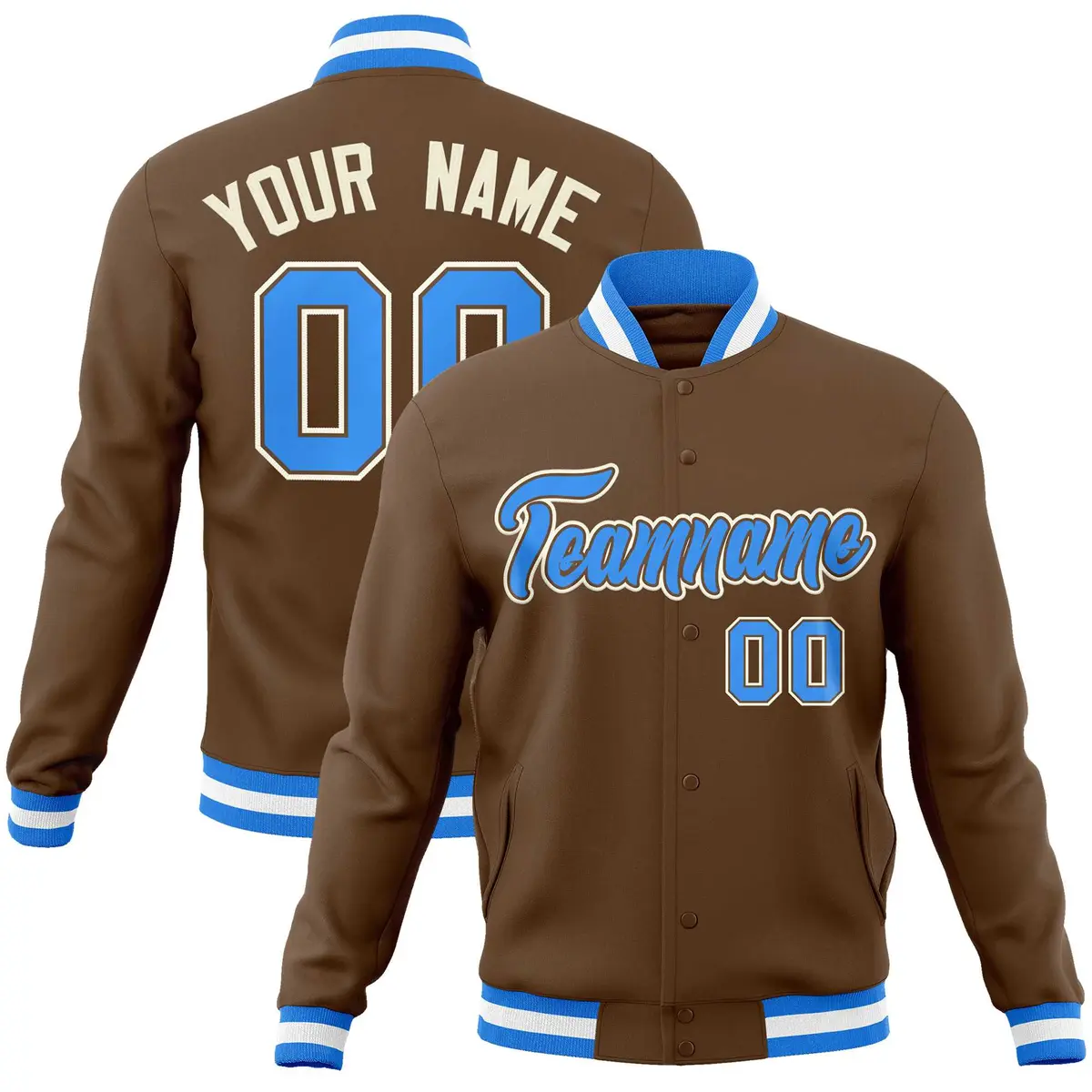 Light Brown Powder Blue-Khaki Varsity Full-Snap Letterman Jacket