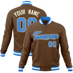 Light Brown Powder Blue-Khaki Varsity Full-Snap Letterman Jacket 1