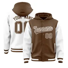 Light Brown White Raglan Two Tone Varsity Full-Snap Letterman Jacket Hoodie 1