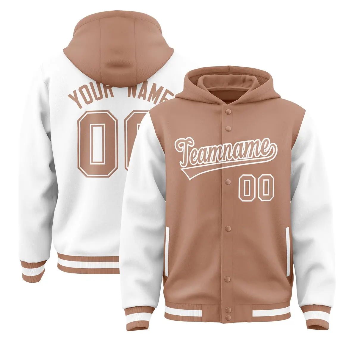 Light Brown White Raglan Two Tone Varsity Full-Snap Letterman Jacket Hoodie
