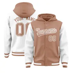Light Brown White Raglan Two Tone Varsity Full-Snap Letterman Jacket Hoodie 1