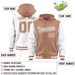 Light Brown White Raglan Two Tone Varsity Full-Snap Letterman Jacket Hoodie 4