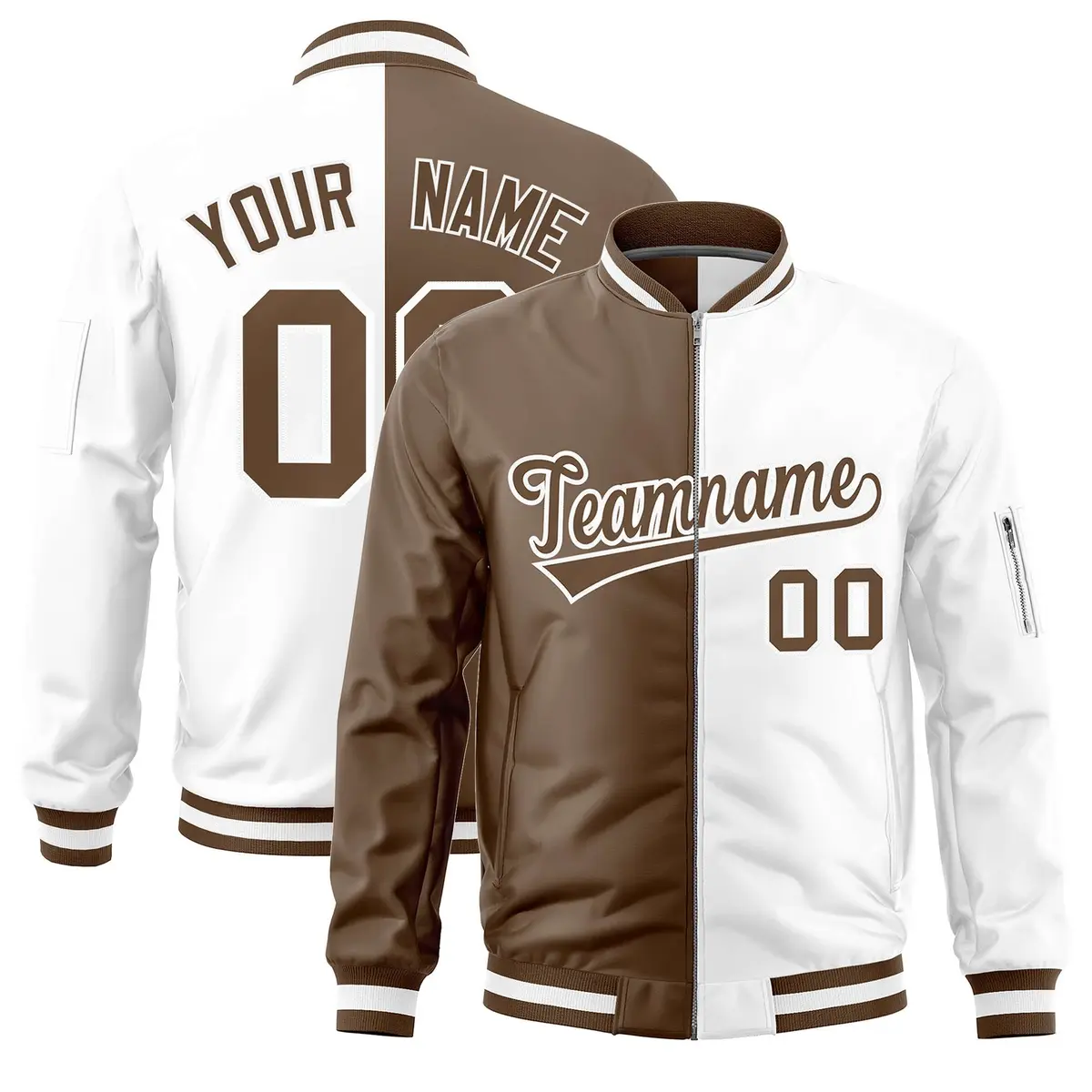 Light Brown White Varsity Full-Zip Letterman Bomber Jacket