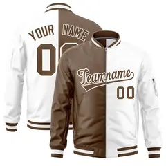 Light Brown White Varsity Full-Zip Letterman Bomber Jacket