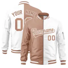 Light Brown White Varsity Full-Zip Letterman Bomber Jacket 1
