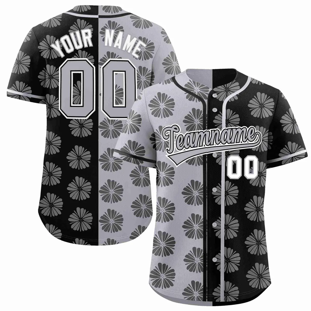 Light Gray Black Split Flower Graffiti Baseball Jersey