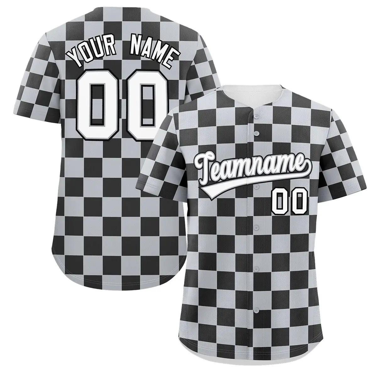 Light Gray Black Square Grid Color Block Baseball Jersey