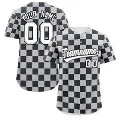 Light Gray Black Square Grid Color Block Baseball Jersey 1