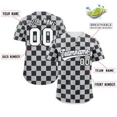 Light Gray Black Square Grid Color Block Baseball Jersey 2