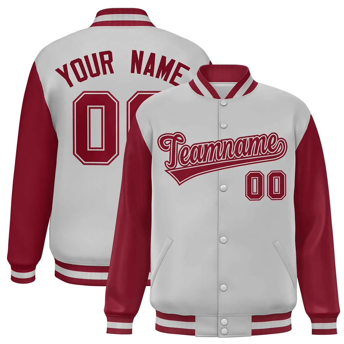 Light Gray Crimson Raglan Varsity Letterman Baseball Jacket